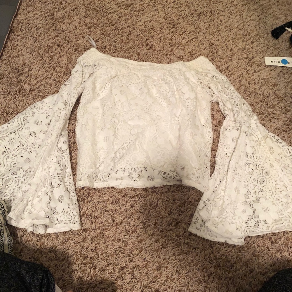 Lace off the shoulder top with bell sleeves